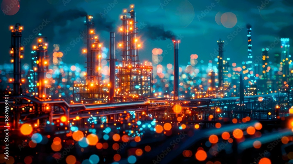 Fototapeta premium A brightly lit industrial complex at night, with tall smokestacks and glowing lights.