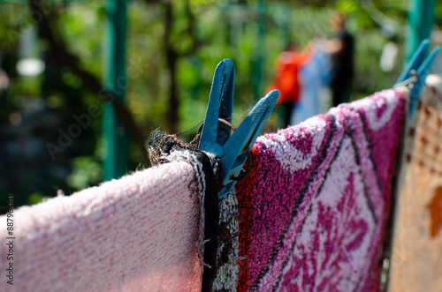 Clothespins and Clothes line on blur background