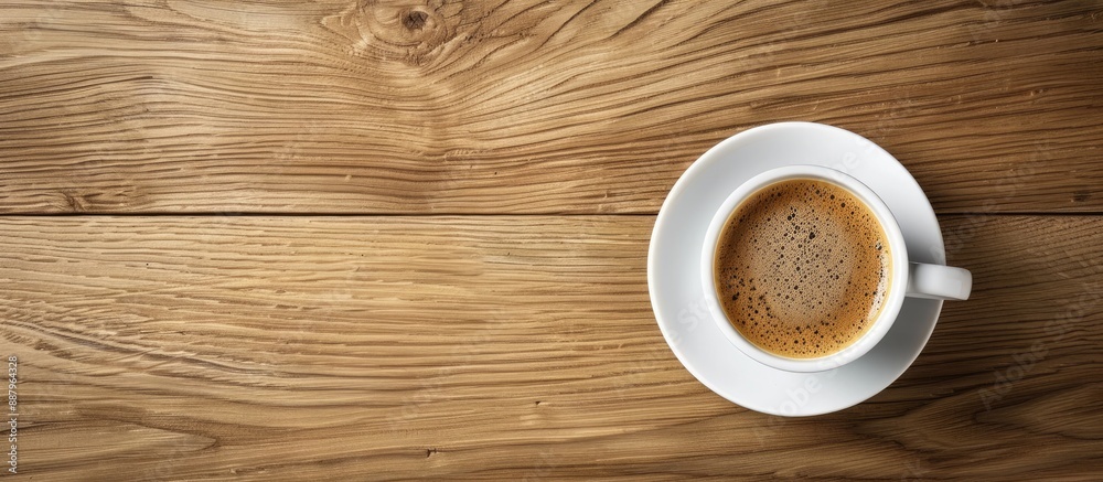 White cup with coffee on wooden table copy space image White cup with coffee on wooden table copy space image