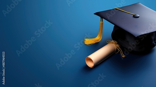 Graduation cap and diploma on blue background, graduation hat and degree on blue panoramic background with copy space