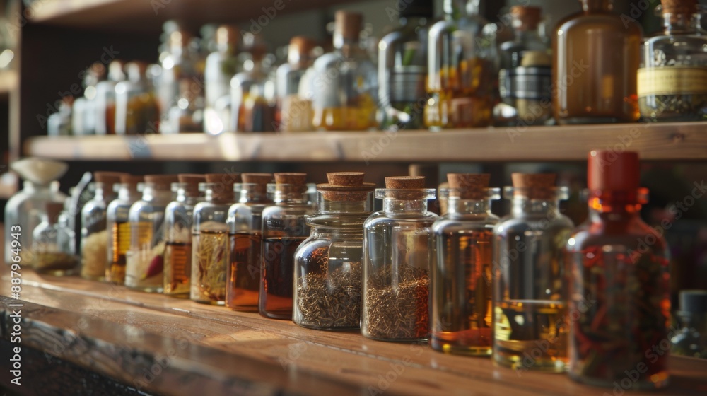 Assortment of glass jars with herbs and oils Assortment of glass jars with herbs and oils