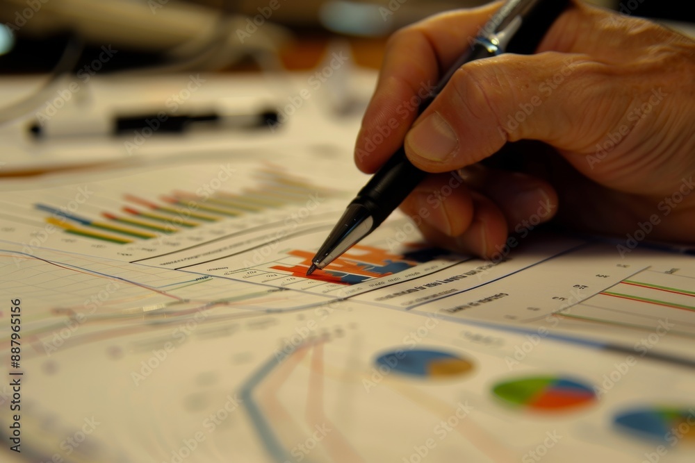 financial risk analysis - person analyzing financial data and charts, at office desk, pen on infographic papers, analytical aspect of risk evaluation in decision-making financial risk analysis - person analyzing financial data and charts, at office desk, pen on infographic papers, analytical aspect of risk evaluation in decision-making