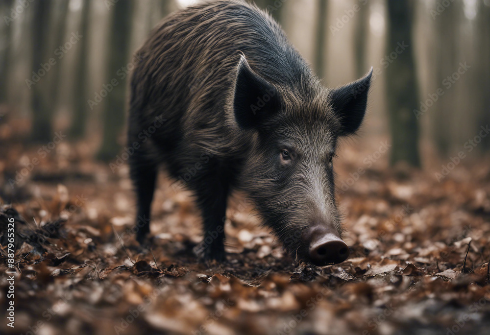 A wild boar foraging in the forest, overcast day
