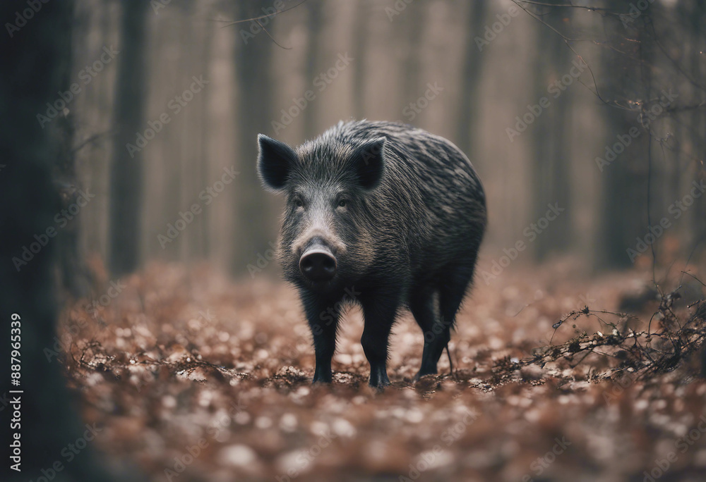A wild boar foraging in the forest, overcast day
A wild boar foraging in the forest, overcast day