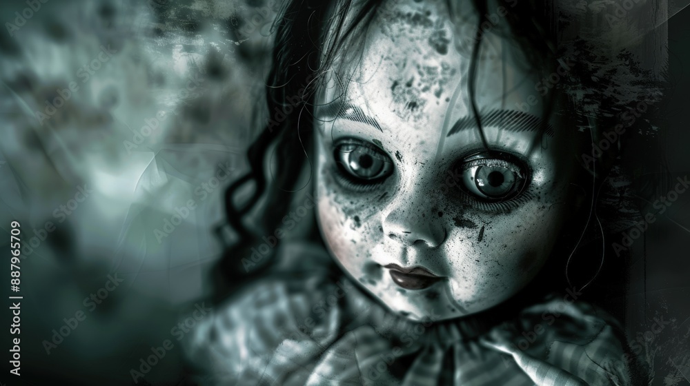 Close Up of a Creepy Abandoned Porcelain Doll with Large Eyes and a Disturbing Expression Close Up of a Creepy Abandoned Porcelain Doll with Large Eyes and a Disturbing Expression