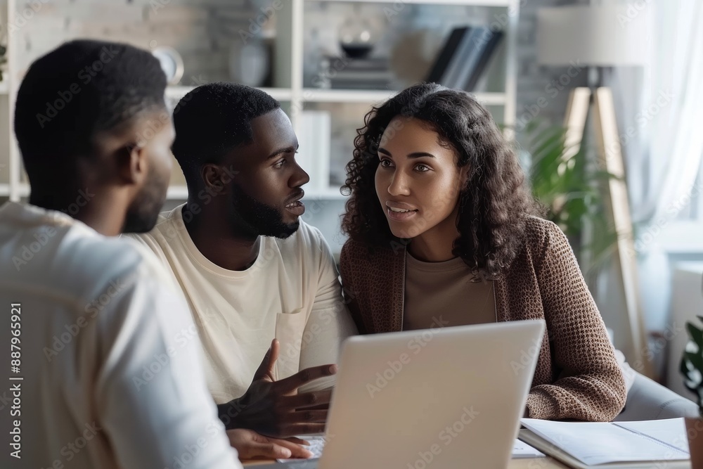 homebuying couple discussing mortgage options with a real estate agent, minimalist office settings and soft, natural lighting, decision-making process involved in purchasing a home through a mortgage homebuying couple discussing mortgage options with a real estate agent, minimalist office settings and soft, natural lighting, decision-making process involved in purchasing a home through a mortgage