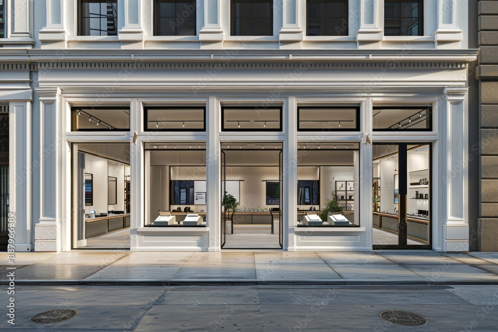 An elegant white store front with large glass window. An elegant white store front with large glass window.