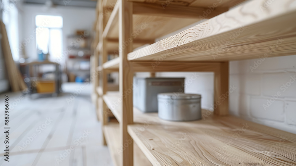 Wooden shelves with metal tins in a bright room. Wooden shelves with metal tins in a bright room.