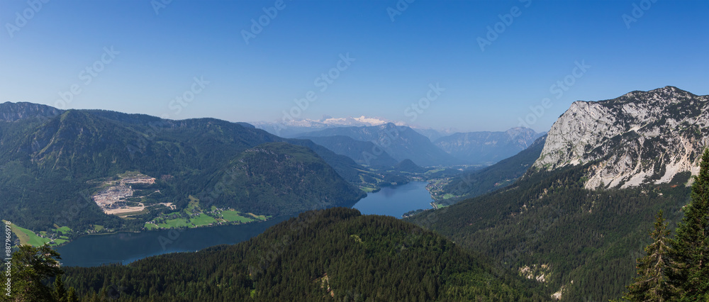 Alps mountain lake Grundlsee with village in valley. Travel lifestyle copy space background, Austria landscape