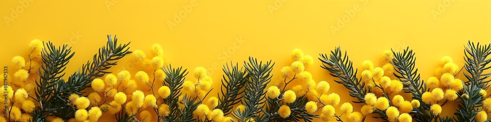 Fototapeta premium Frame made from mimosa flowers on yellow background. Spring and summer concept. Template for greeting card, banner, poster for Easter, Women's Day, Mother's Day. Flat lay, top view with copy space