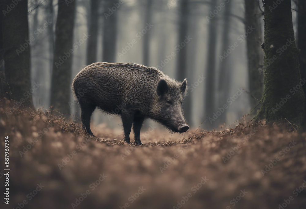 A wild boar foraging in the forest, overcast day
A wild boar foraging in the forest, overcast day