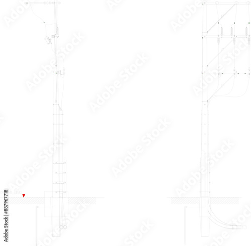 Vector silhouette illustration sketch of detailed construction design for high voltage electricity poles for street light cables 