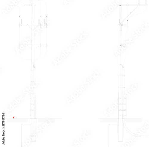 Vector silhouette illustration sketch of detailed construction design for high voltage electricity poles for street light cables 