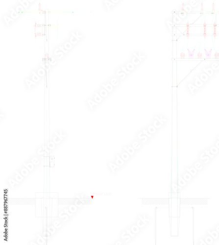 Vector silhouette illustration sketch of detailed construction design for high voltage electricity poles for street light cables