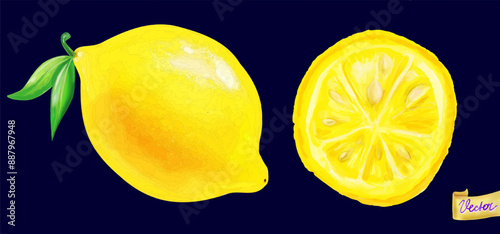 Hand drawn lemon with a slice missing. The drawing is on a blue background. The lemon is shown in its entirety, with the stem and the top of the fruit visible
