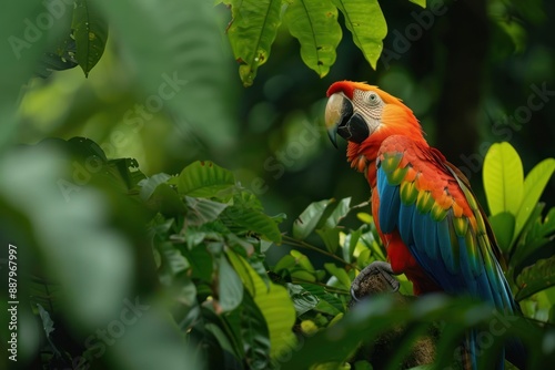 In the lush depths of the tropical jungle, a majestic macaw perches proudly amidst a canopy of vibrant foliage. --ar 3:2 --style raw Job ID © Alex