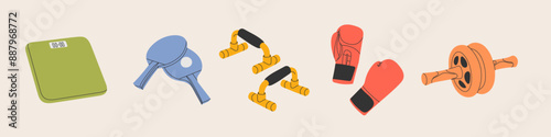 Sport equipment, gym accessory, people athlete set. Scales, rackets, tennis, boxing gloves, roller, press,. Workout stuff bundle. Flat vector illustration