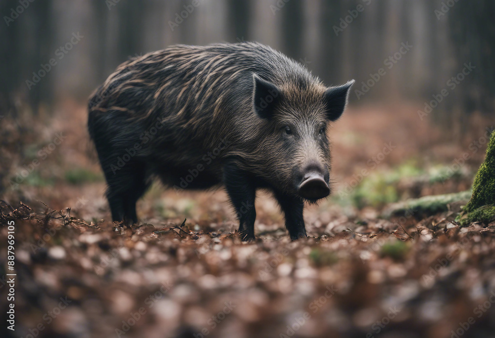 A wild boar foraging in the forest, overcast day
A wild boar foraging in the forest, overcast day