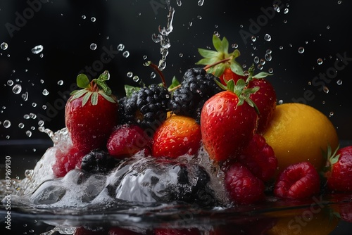 An exhilarating splash featuring fresh strawberries, blackberries, a lemon, and raspberries in refreshing water.