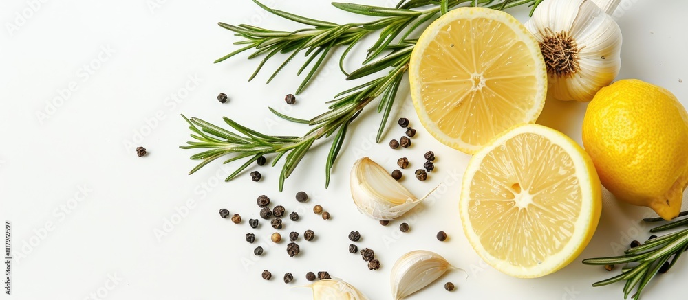 Rosemary garlic lemon and pepper displayed on a white background with copy space image Rosemary garlic lemon and pepper displayed on a white background with copy space image