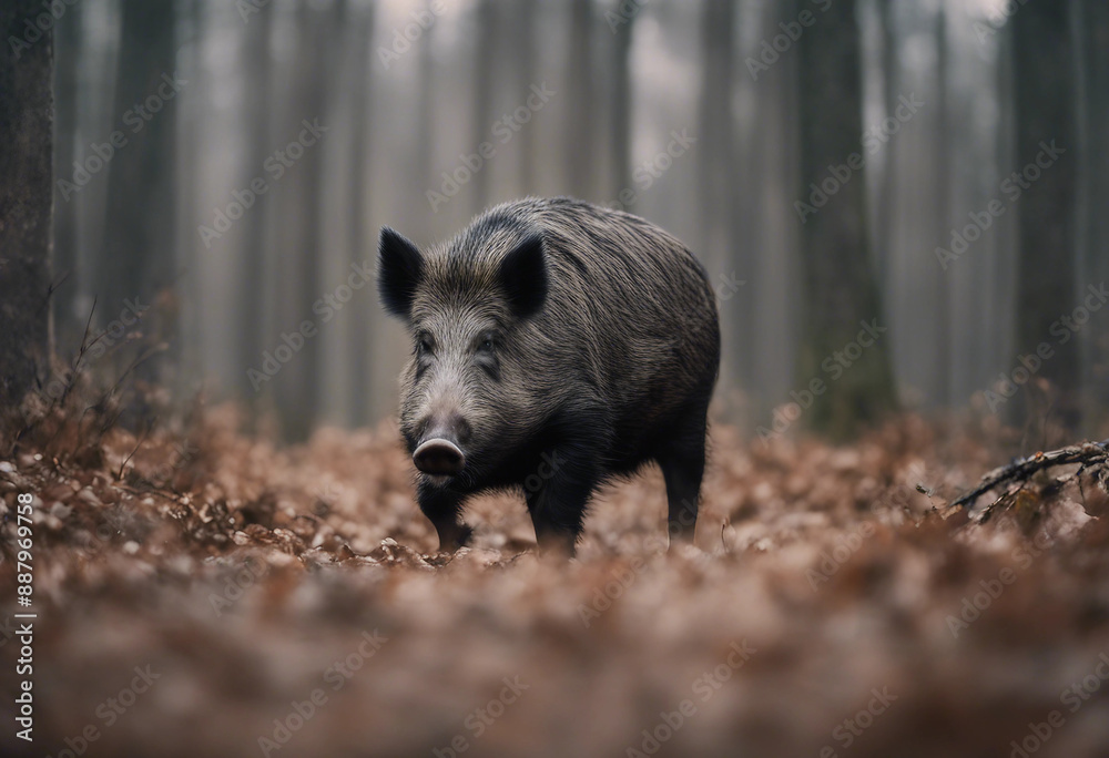 A wild boar foraging in the forest, overcast day
A wild boar foraging in the forest, overcast day