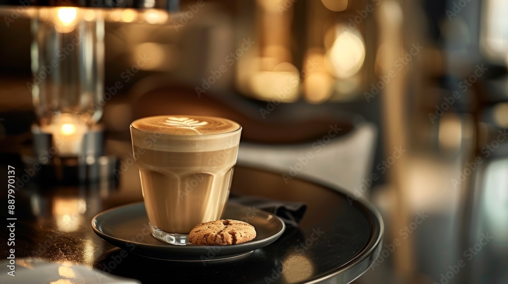 Latte art coffee with cookie on black table.