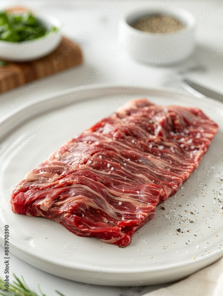Raw marbled beef steak seasoned with salt and pepper. Raw marbled beef steak seasoned with salt and pepper.
