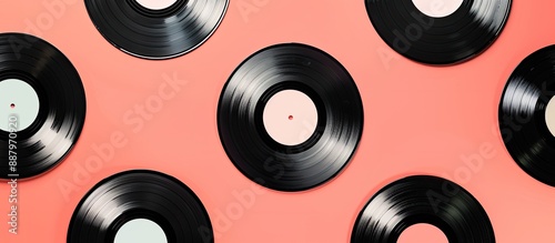 A flat lay showcasing vinyl records with space for adding text or images. Copy space image. Place for adding text and design