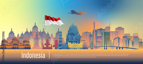 Vector design Ilustration of Indonesia landmark and flag. Indonesia garden theme and travel concept.