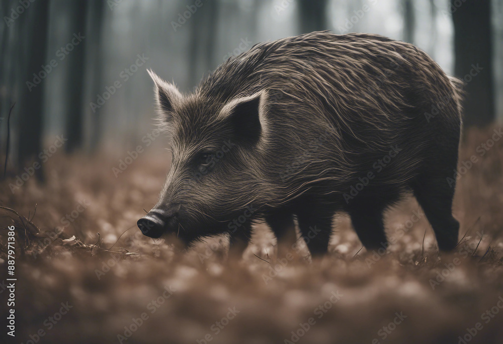 A wild boar foraging in the forest, overcast day
A wild boar foraging in the forest, overcast day