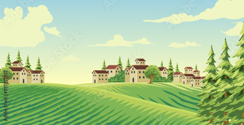 highland countryside with pine trees and agricultural areas