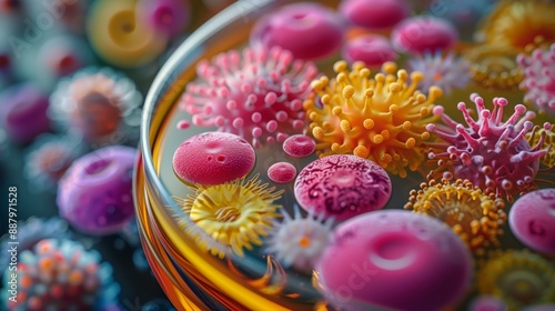 A close-up image of various colorful microorganisms thriving and multiplying in a Petri dish, showcasing the vibrant and complex world of microscopic life. © Emiliia