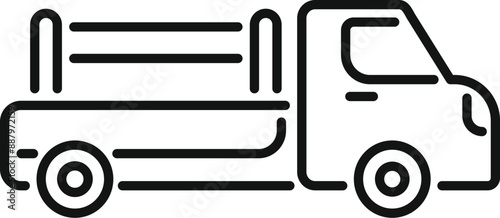 Simple black and white line art icon of a cargo truck carrying wood timber moving on road
