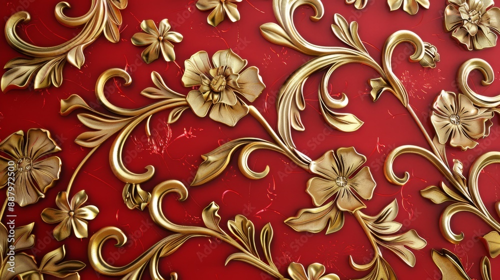 Golden Floral Pattern on Red Background. Golden Floral Pattern on Red Background.
