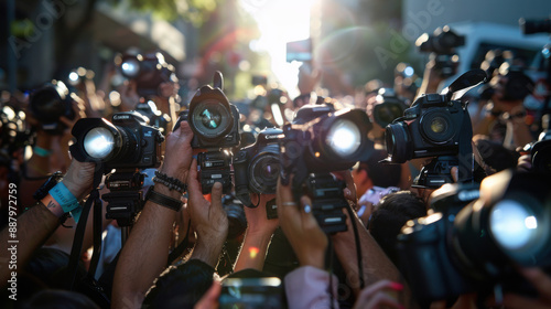 Large crowd of photographers holding up cameras, capturing an event with bright flashes in an outdoor setting. photo