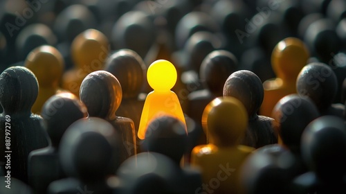 Unique glowing figurine stands out from the crowd, symbolizing the success and confidence of a leader. I'm different - I'm a winner! The concept of individuality and standing out from the crowd.