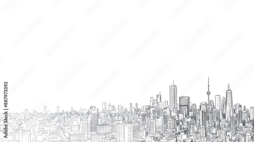 City Skyline Detailed Line Sketch with Recognizable Landmarks on Plain White Background
City Skyline Detailed Line Sketch with Recognizable Landmarks on Plain White Background