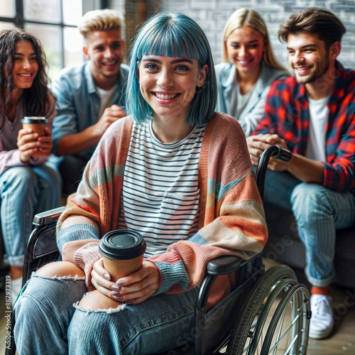 happy disabled female college student with blue hair sitting in wheelchair socialising with friends. Inclusive accessible lgbtq+ friendly workplace & university education