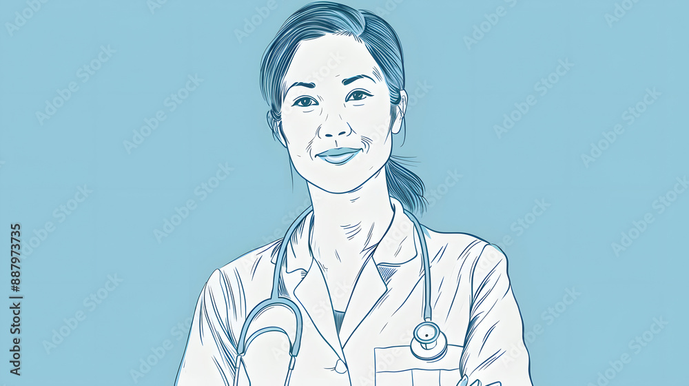 Doctor or Nurse in Uniform Black Line Sketch on Light Blue Background.
Doctor or Nurse in Uniform Black Line Sketch on Light Blue Background.