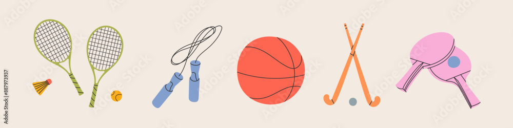 Sports equipment, accessories for the gym, a set of athletes for playing basketball, badbinton, tennis. A set of things for active training. Flat vector illustration Sports equipment, accessories for the gym, a set of athletes for playing basketball, badbinton, tennis. A set of things for active training. Flat vector illustration