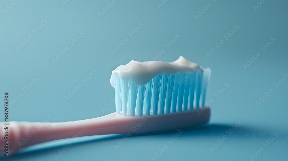 Toothbrush with toothpaste, blue background, pastel colors, soft lighting, macro photography, dental hygiene, minimalist composition, close-up detail, bristle texture, fresh mint concept. Toothbrush with toothpaste, blue background, pastel colors, soft lighting, macro photography, dental hygiene, minimalist composition, close-up detail, bristle texture, fresh mint concept.