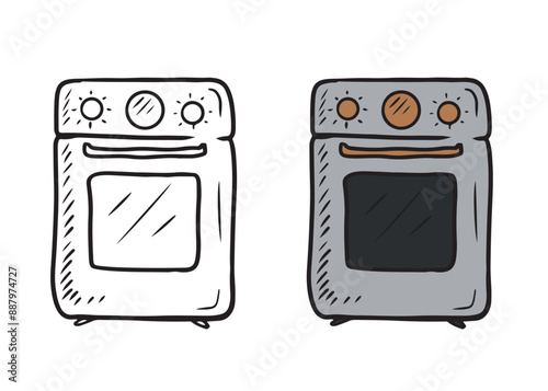 Gas or electric oven with stove in black isolated on white background. HAnd drawn vector sketch illustration in doodle engraved vintage line art style. Kitchen equipment for cooking