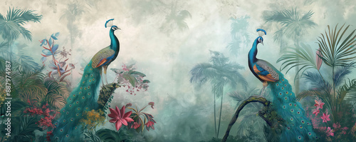 Vintage wallpaper of tropical forest with peacocks and tree frogs, pastel color, oil painting style. 