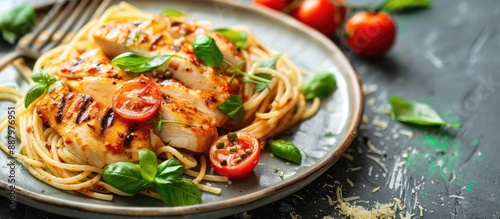 A plate of fresh chicken breast spaghetti typical of Italian cuisine presented in a visually appealing manner with a background suitable for adding text or other elements a copy space image