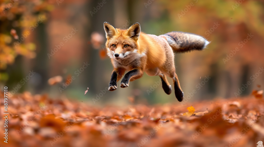 Fototapeta premium Autumnal Fox Mid-Jump in Forest Capture Showcasing Nature's Beauty and Wildlife Dynamics