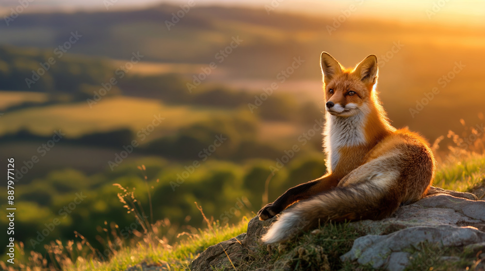 Obraz premium Beautiful Fox Relaxing at Sunset in a Serene, Golden Meadow with Rolling Hills in the Background