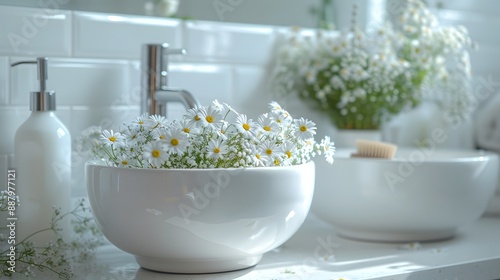 white bathroom countertop, ceramic sink, white subway tile backsplash, fresh daisies in vase, baby's breath flowers, bathroom toiletries, soap dispenser bottles, natural light.