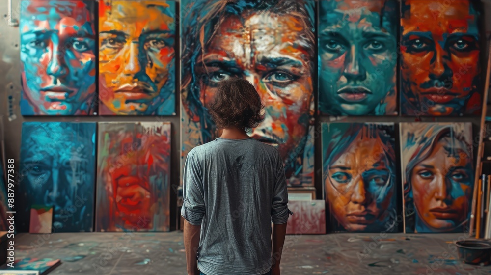 Naklejka premium Artist standing in front of colorful expressive portrait paintings, showcasing various emotions in an art studio setting.