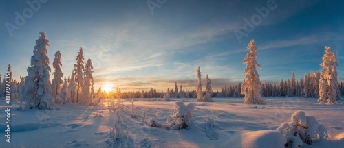 Photo of a snowy panoramic landscape at sunset, frozen trees in Saariselka Lapland Finland winter snow scene web banner photo