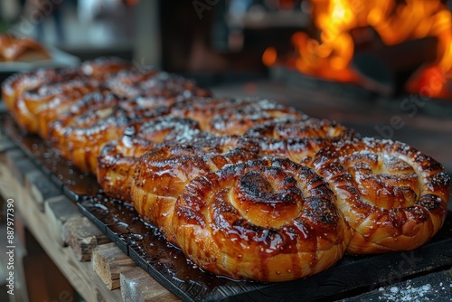 Hungary Krtskalcs Spiral shaped sweet bread rolled in sugar and cinnamon, baked on a spit, served warm. photo